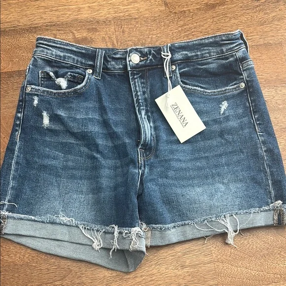 Zenana Outfitters Blue Jean Shorts Distressed Mid-Thigh - Picture 1 of 2